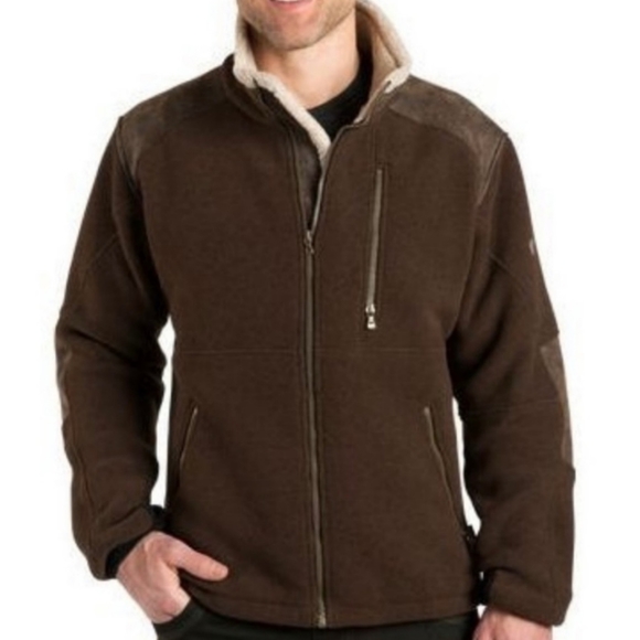 Kuhl Men's Alpenwurx Brown Full Zip Sherpa Collar Faux Leather Fleece Jacket XL - Picture 2 of 11
